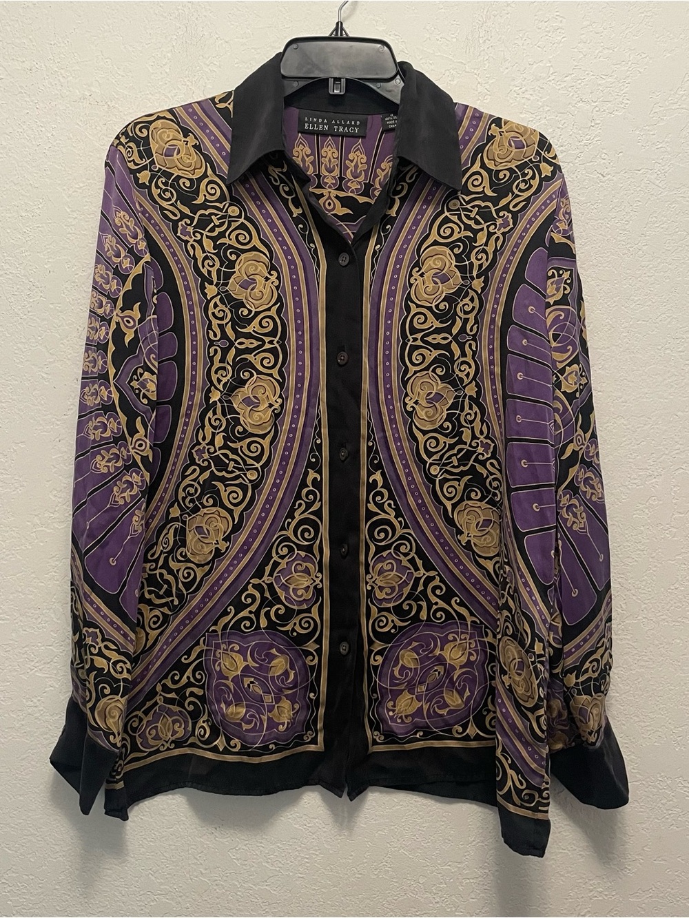 vintage Ellen Tracy 12 blouse purple and black silk gold baroque paisley pattern